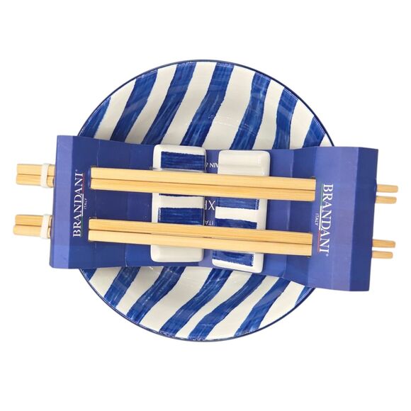 Brandani Italy Sushi Experience 8pc Porcelain Ramen Noodle Bowl Set Blue Striped - Picture 5 of 13